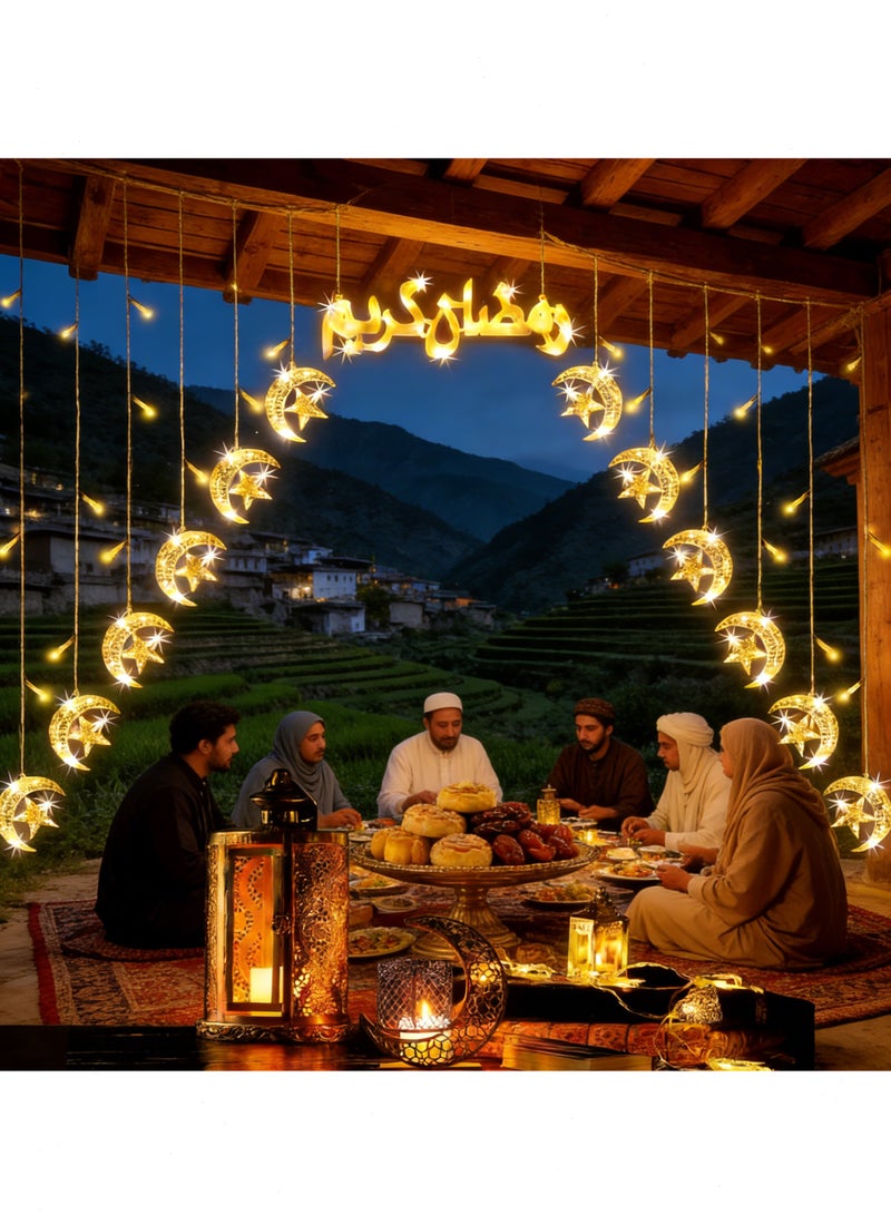 يواوليتي أضواء زينة رمضان ، أضواء رمضان ، أضواء ليلة رمضان ، 12 سلاسل شكل القمر والنجمة وعنصر رمضان علامة ديكورات للمنزل - Image 1